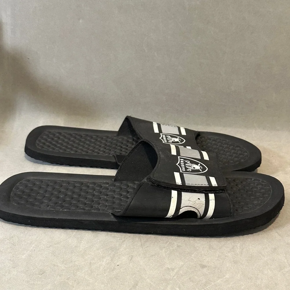 NFL Raiders Slide Sandals Black Silver Adjustable Strap Mens Size Large